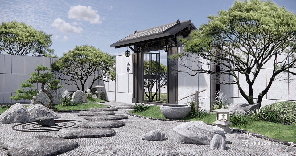 Japanese Dry Landscape Garden With Stone Path Rock Formations And Stone Lantern 3d model 