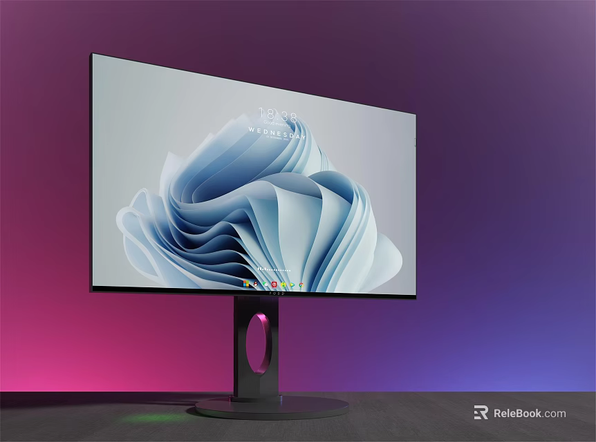 Modern Computer Monitor With Unique Stand And Abstract Screen Display On Gradient Purple Pink Background 3d model 