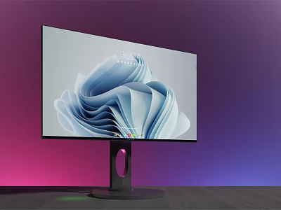 Modern Computer Monitor With Unique Stand And Abstract Screen Display On Gradient Purple Pink Background 3d model