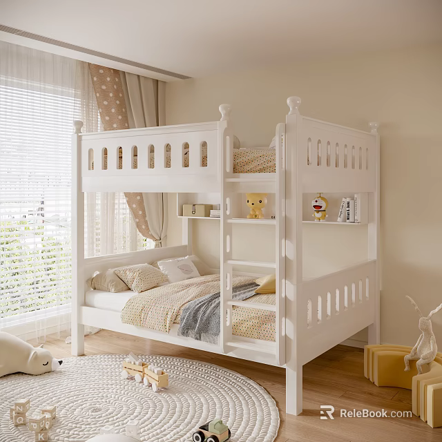 White Bunk Bed In Cozy Kids Bedroom With Toys And Natural Light 3d model 