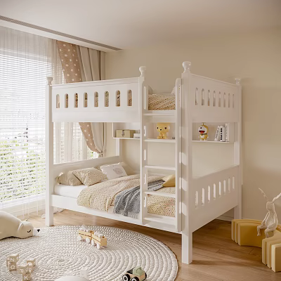White Bunk Bed In Cozy Kids Bedroom With Toys And Natural Light 3d model
