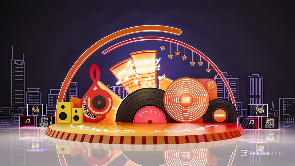Birthday Concert Stage Design With Vinyl Records Music Notes Speakers and City Skyline 3d model 