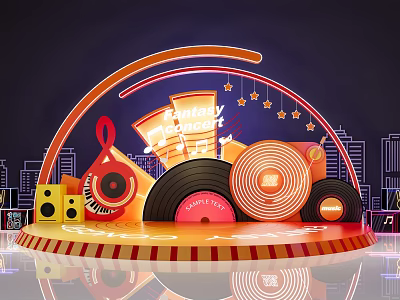 Birthday Concert Stage Design With Vinyl Records Music Notes Speakers and City Skyline 3d model