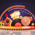 Birthday Concert Stage Design With Vinyl Records Music Notes Speakers and City Skyline