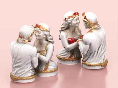 Art Installation With White Romantic Figurines Gold Accents And Red Heart Details 3d model