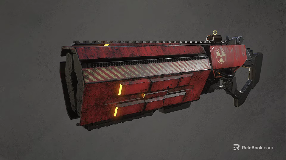 Red Heavy Duty Weapon Featuring Radiation Symbol and Yellow Indicator Lights 3d model
