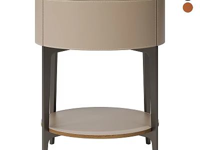 Modern Beige Leather Bedside Table With Round Top And Dark Wood Legs 3d model