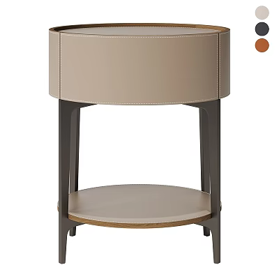 Modern Beige Leather Bedside Table With Round Top And Dark Wood Legs 3d model