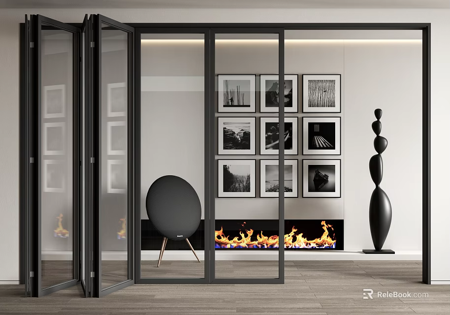 Glass Folding Doors In Modern Living Room Interior With Framed Artworks Fireplace And Accent Chair 3d model 