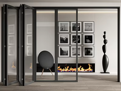 Glass Folding Doors In Modern Living Room Interior With Framed Artworks Fireplace And Accent Chair 3d model
