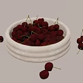 Fresh Ripe Cherries in White Decorative Bowl with Scattered Fruits on White Background