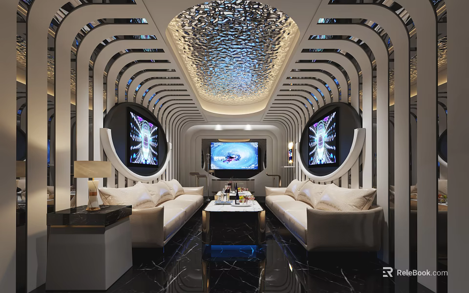 Luxurious KTV Lounge With Comfortable Sofas Large TV Screens Stylish Lighting And Coffee Table Setup 3d model