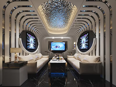 Luxurious KTV Lounge With Comfortable Sofas Large TV Screens Stylish Lighting And Coffee Table Setup 3d model