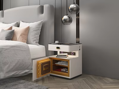 Modern White Nightstand With Open Drawer Wooden Interior And Hanging Metal Lamps In Bedroom 3d model