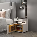 Modern White Nightstand With Open Drawer Wooden Interior And Hanging Metal Lamps In Bedroom