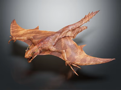 Flying Prehistoric Reptile with Brown Striped Body Large Wings Spikes Flying Posture in Gray Background 3d model