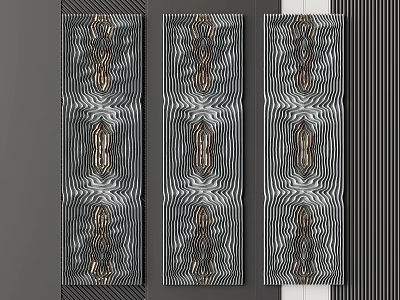 Three Panel Abstract Striped Wall Decor With Black White And Metallic Accents 3d model