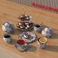 Decorative Floral Pattern Tea Set With Cups Saucers Dessert Stand On Wooden Table