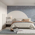 Kids Room Interior With Starry Blue Wall White Wardrobes Beige Bed Soft Rug And Toys