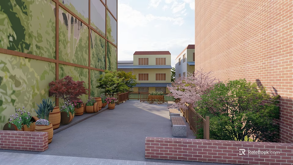 Rural Landscape With Traditional Houses Green Trees And Flower Pots Along Path 3d model 