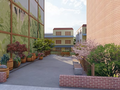 Rural Landscape With Traditional Houses Green Trees And Flower Pots Along Path 3d model