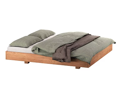 Double Bed With Wooden Frame Green Bedding White Mattress And Dark Blanket 3d model