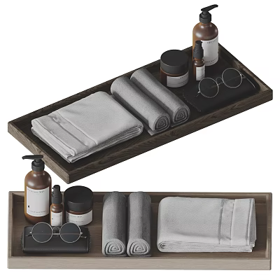 Wooden Trays Featuring Towels Toiletries And Eyewear For Daily Use 3d model Wooden Trays Featuring Towels Toiletries And Eyewear For Daily Use 3d model