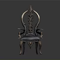 Elegant Vintage Chair With Ornate Backrest Curved Armrests And Dark Leather Seat