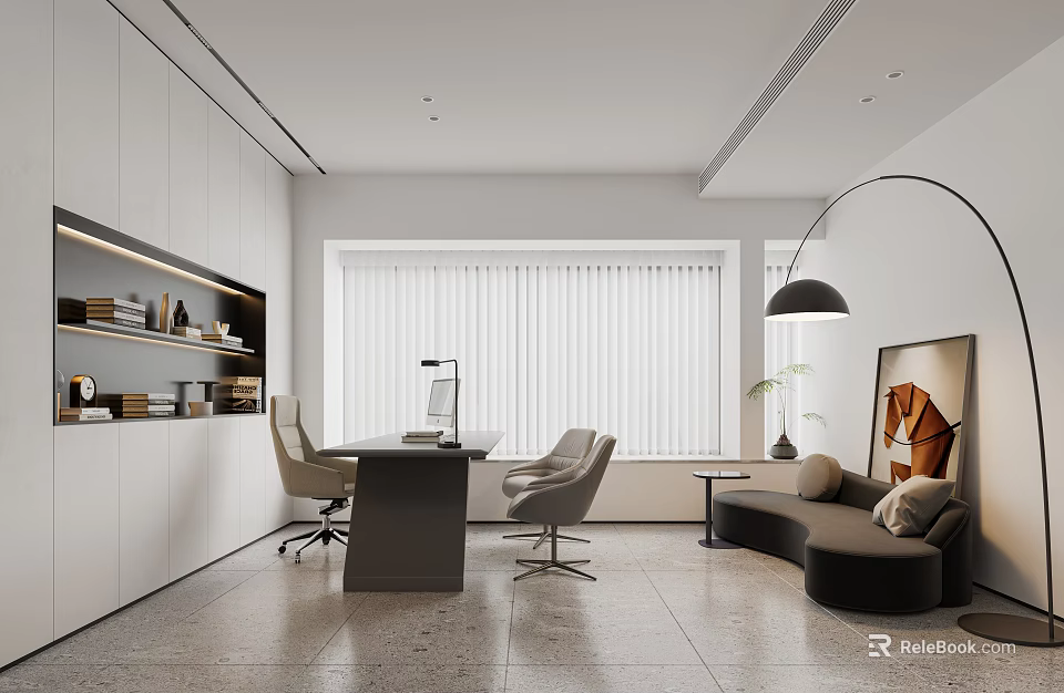 Modern Office Interior With Desk Chairs Sofa Large Window Blinds Bookshelf And Decorative Painting 3d model 