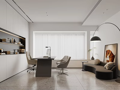 Modern Office Interior With Desk Chairs Sofa Large Window Blinds Bookshelf And Decorative Painting 3d model