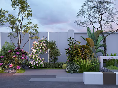 Garden Plant Combination with Various Trees Shrubs Flowers Gray Wall Stone Pavement and White Planters 3d model