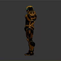 Orange Black Armored Sci Fi Warrior Character With Glowing Blue Chest
