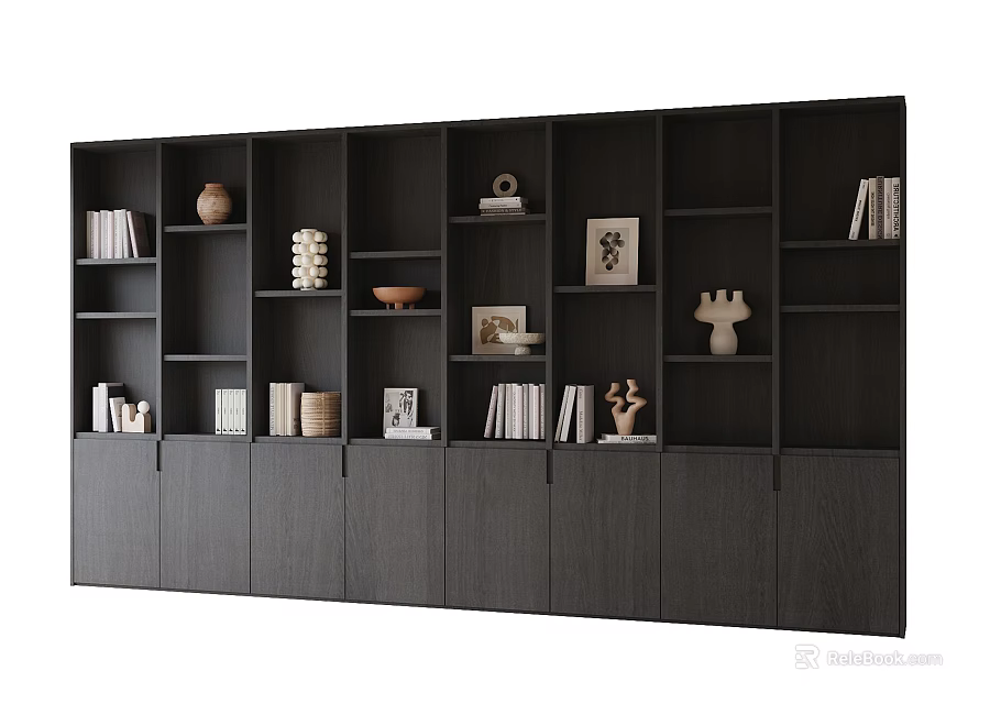 Modern Large Wooden Bookcase With Open Shelves Closed Cabinets And Decorative Items 3d model 