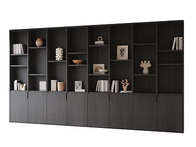 Modern Large Wooden Bookcase With Open Shelves Closed Cabinets And Decorative Items 3d model
