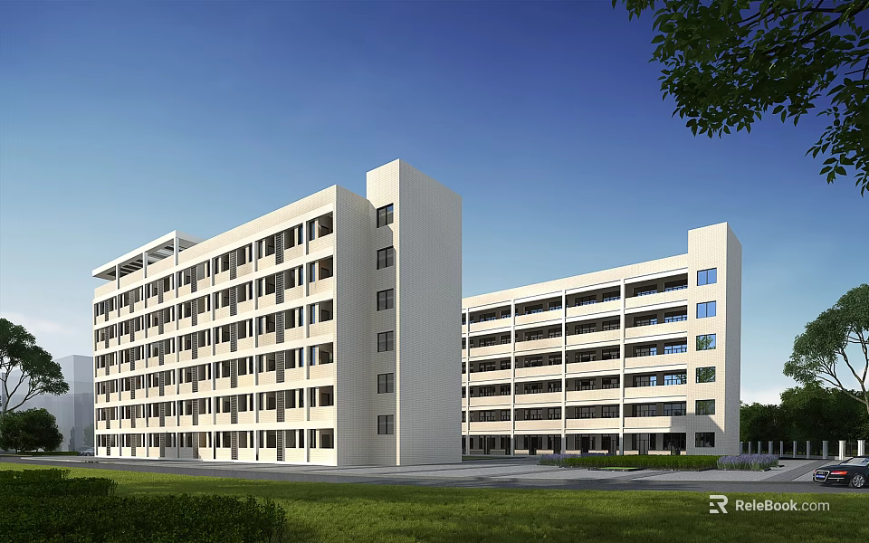 Modern White Multi Story School Building With Many Windows Green Lawn Trees And Blue Sky 3d model 