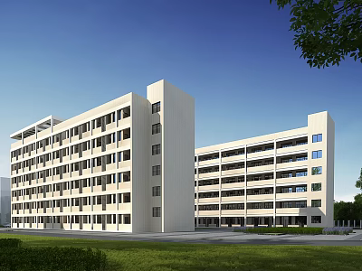 Modern White Multi Story School Building With Many Windows Green Lawn Trees And Blue Sky 3d model