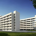 Modern White Multi Story School Building With Many Windows Green Lawn Trees And Blue Sky