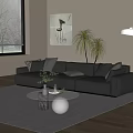Modern Black Leather Sofa And Glass Coffee Table With Plush Cushions Rug And Indoor Plants