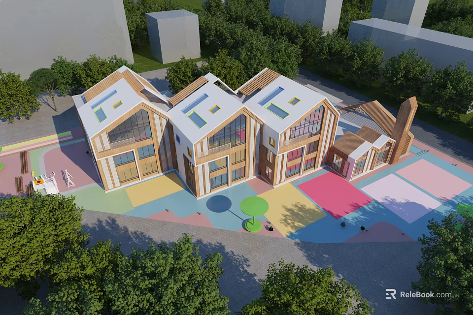 School Building with Colorful Playground Connected Structures Skylight Roofs Green Trees and Children Playing 3d model 