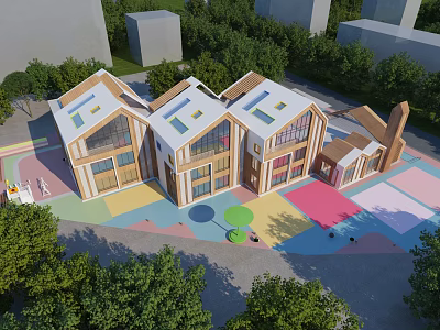 School Building with Colorful Playground Connected Structures Skylight Roofs Green Trees and Children Playing 3d model