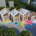 School Building with Colorful Playground Connected Structures Skylight Roofs Green Trees and Children Playing