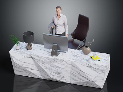 Modern Reception Desk with Marble Top Computer Lamp Green Plant and Black Chair in Office 3d model