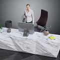 Modern Reception Desk with Marble Top Computer Lamp Green Plant and Black Chair in Office