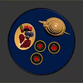 Stylish Gold Teapot With Teacups And Plate Featuring Red And Blue Items On Blue Tray
