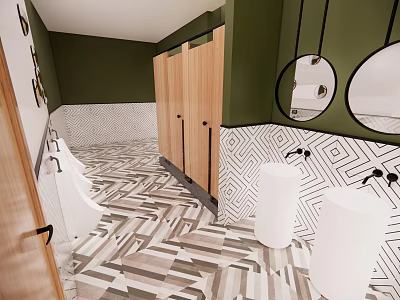 Public Restroom With Green Walls Wooden Stalls Geometric Pattern Flooring White Sinks And Round Mirrors 3d model