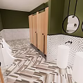 Public Restroom With Green Walls Wooden Stalls Geometric Pattern Flooring White Sinks And Round Mirrors