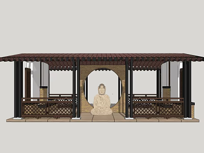 Traditional Pavilion Interior With Central Buddha Statue And Wooden Lattice Railings 3d model