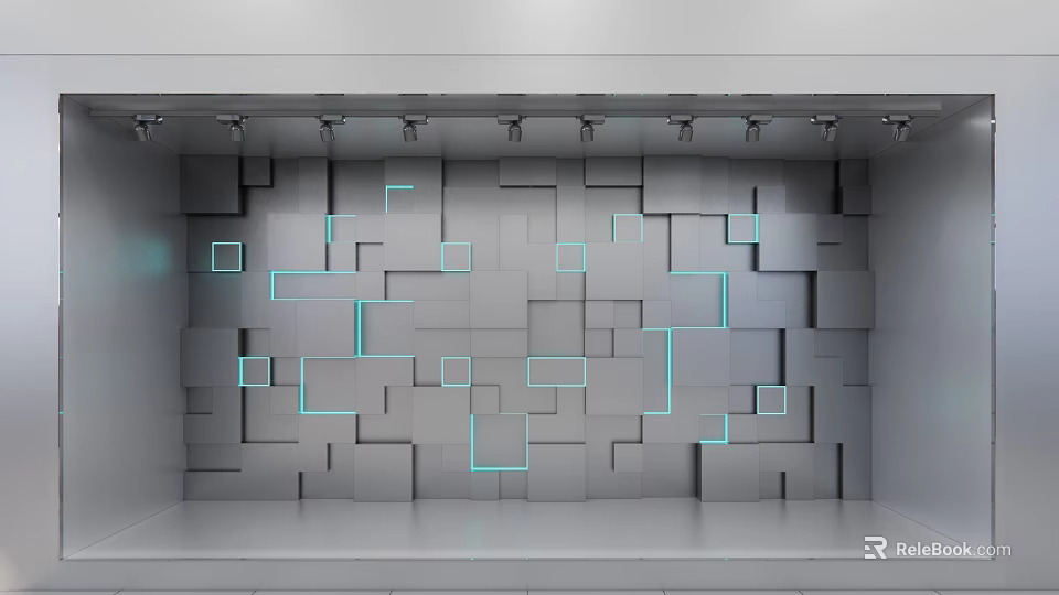 Modern Showcase With Gray Square Wall And Blue Line Accents Under Spotlights 3d model 