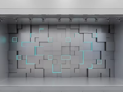 Modern Showcase With Gray Square Wall And Blue Line Accents Under Spotlights 3d model