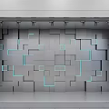 Modern Showcase With Gray Square Wall And Blue Line Accents Under Spotlights